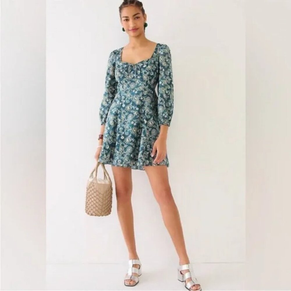 J.Crew Green Vintage Vines Sweetheart Neckline Mini Dress Boho Chic Streetwear